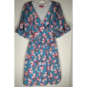 Betsey Johnson Dress Womens 10 Blue Floral Wrap Fit Flare Ruffle Lined Party